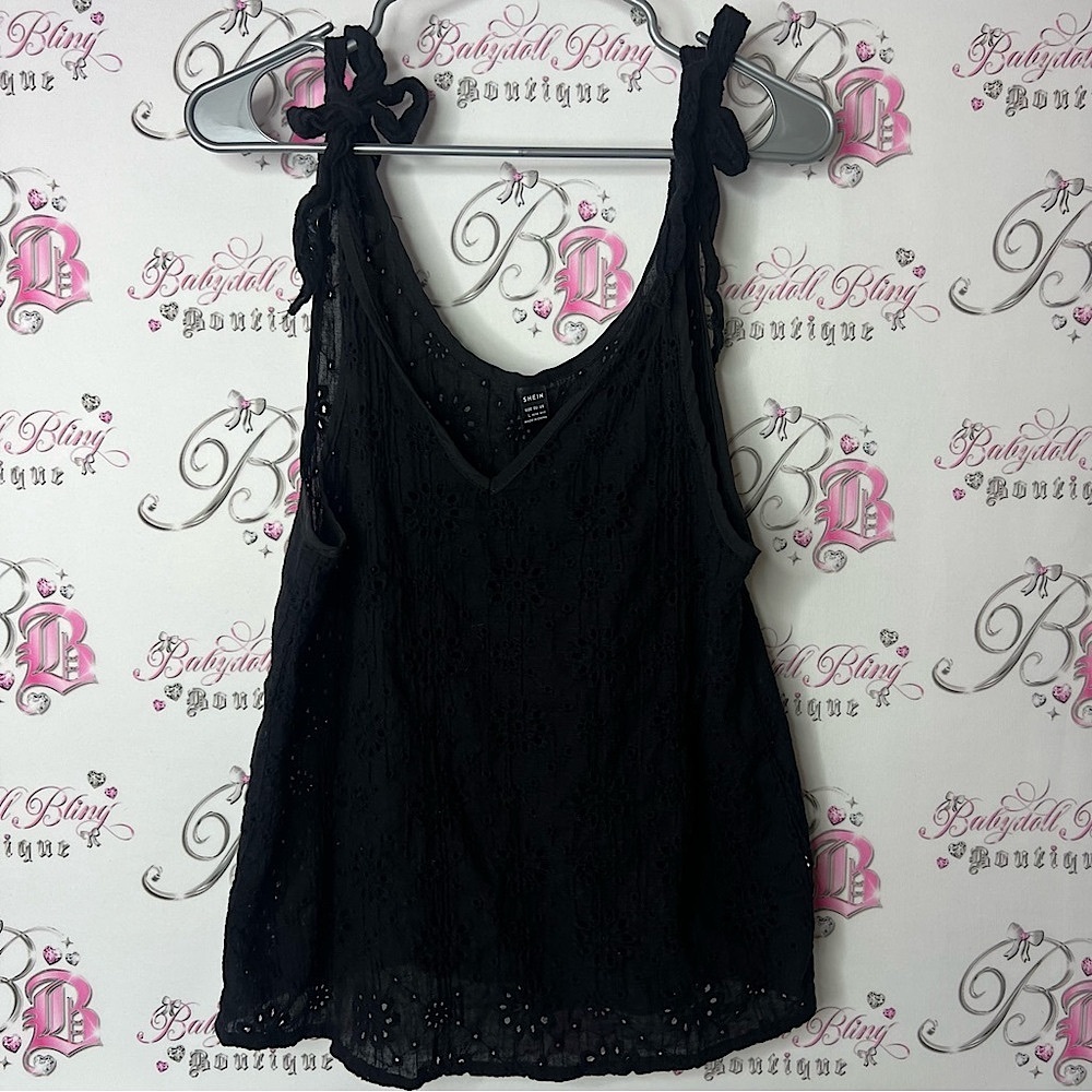 SHEIN tank top embroidered Black Sleeveless Tie Front Backless Tank Top